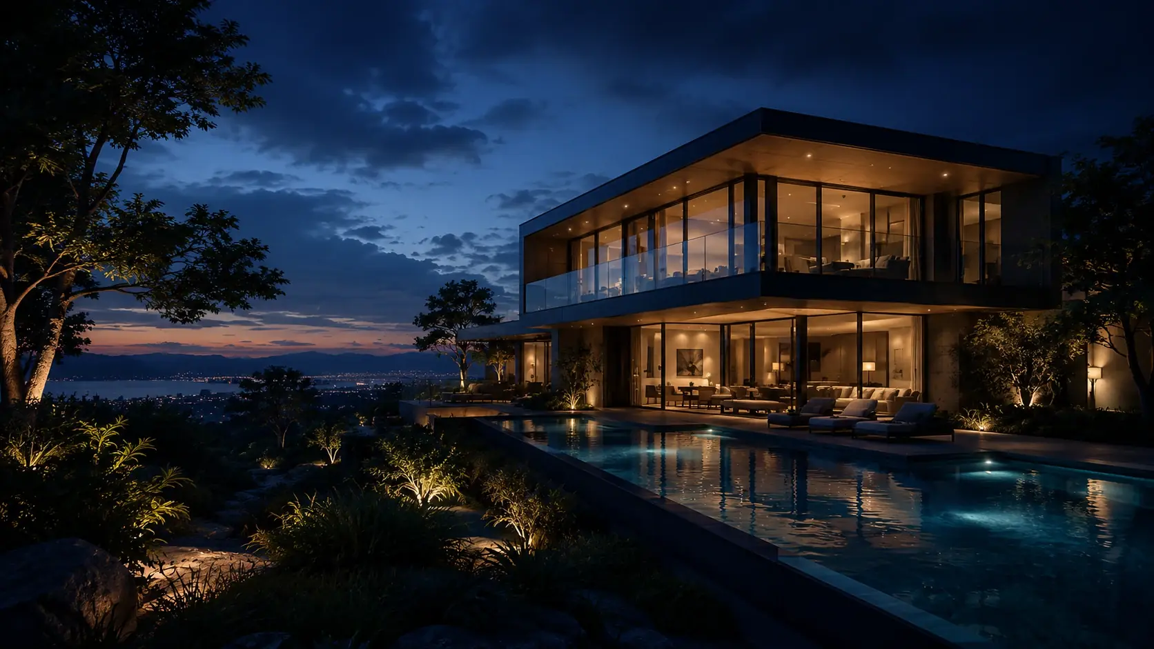 A contemporary home at dusk above a lit swimming pool, looking out over the water.